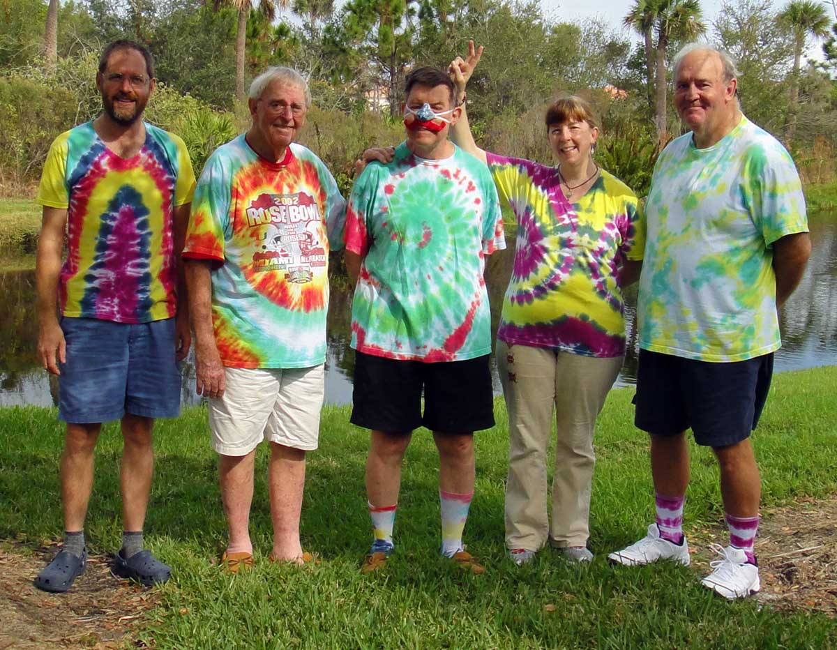 The whole gang in their tie-dyed shirts
