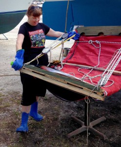 Meps in her blue boots and gloves