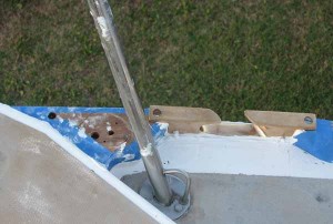 Masking tape and goo at the bow of Flutterby