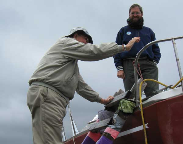 Dad navigates the ladder onto Flutterby