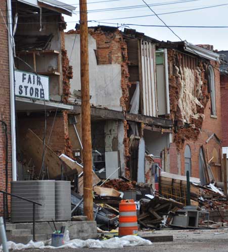 Tornado-damaged buildings in Elmwood, Illinois