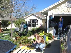 Meps and Barry with all their kayak gear in Dad's front yard