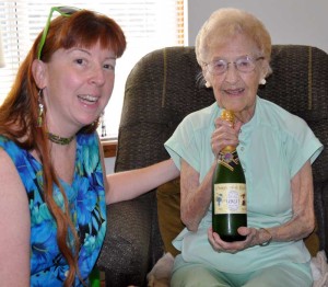 Meps and Grandma, with the champagne bottle